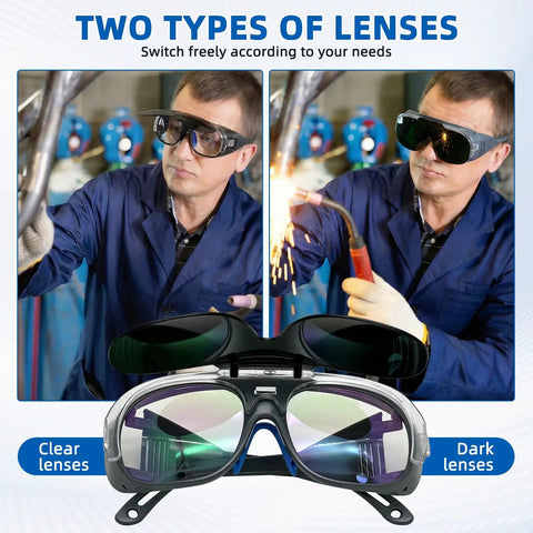 Swappable Dual Lens Welding Glasses ANSI Z87.1 Certified Safety Eyewear for clear and shaded protection while welding.