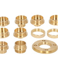 Solid Brass Router Template Guide Set 11 Piece Knockout Kit Includes Eight Sized Bushings two lock nuts and adapter close-up view of brass bushings.
