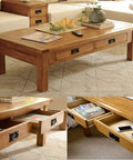 Wooden coffee table with two drawers featuring antique black ring pull handles set of 4 for dresser cabinets doors and furniture drawers.