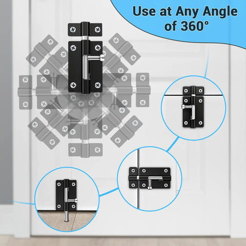 Two Pack Door Lock Latch Slide With Keyless Entry For Inside And Outside Doors Barrel Bolt Thickened Heavy Duty Steel Easy To Install Gate Latch Lock With Twelve Screws Built Tough shown in 360-degree installation view on a door.