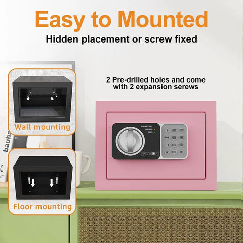Pink Mini Safe Box With Code And Keys, 0.236 Cubic Feet, shown mounted on wall with digital password or key access.