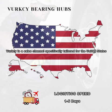 Map of the USA with American flag, featuring Vurkcy Bearing Hubs and logistics speed of 1-5 days.