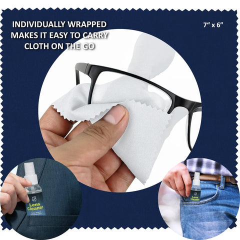 Person cleaning eyeglasses with microfiber cloth using Streak Free Lens Cleaner Spray Kit with two 2oz bottles and cloths.