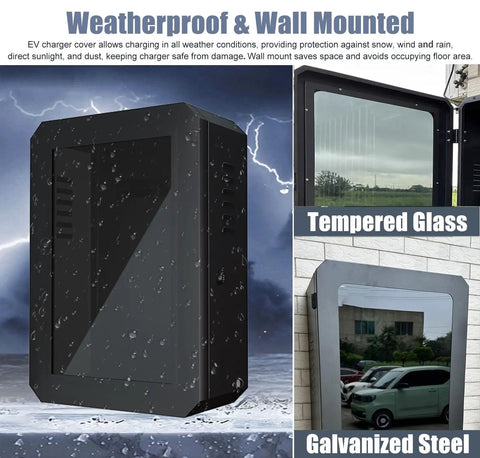 Rock Solid EV Charger Protection Enclosure With Lock And Weatherproof Wall Mount Design, featuring black galvanized steel and tempered glass.