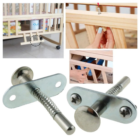 Heavy Duty Spring Loaded Plunger Latches For Cabinets And Drawers Rock Solid Nickel Plated Wardrobe Locks shown installed on a crib.
