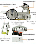 No Sweat Heavy Duty Bench Belt Sander Featuring Variable Speed Operation Compatible With 72 To 83 Inch Sanding Belts, showing components and wheels.