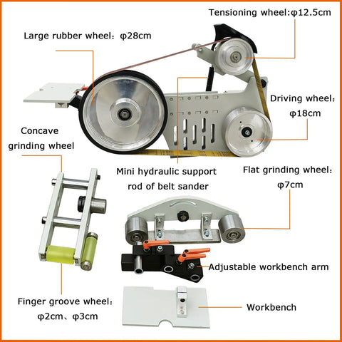 No Sweat Heavy Duty Bench Belt Sander Featuring Variable Speed Operation Compatible With 72 To 83 Inch Sanding Belts, showing components and wheels.