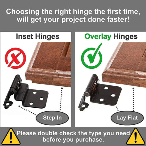 Comparison of inset and overlay cabinet hinges with emphasis on "Half Inch Overlay Matte Black Cabinet Hinges Self Closing For Bath And Kitchen Bulk Pack 50 Hinges 25 Pairs Flush Mount With Door Bumpers And Upgraded Screws Easy Install And Quiet Close For Home Improvement"