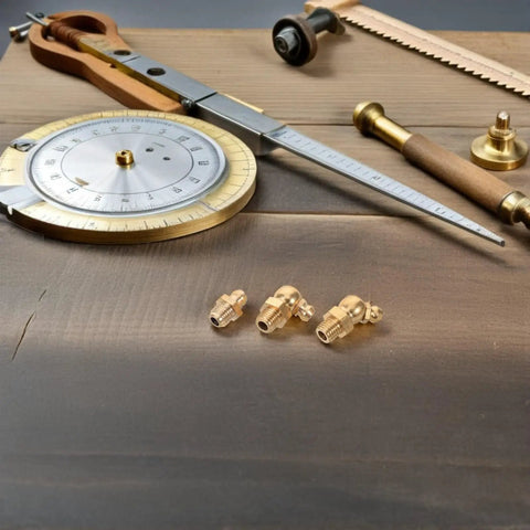 Top Notch Grease Nozzle Fitting Kit With Threaded Copper M8 Nipples For Cars And Excavators Featuring Precision Fit And Easy Swap-Out Hydraulic Accessories That Make Maintenance A Total Breeze. M8 copper grease nozzle fittings with brass finish on wood surface