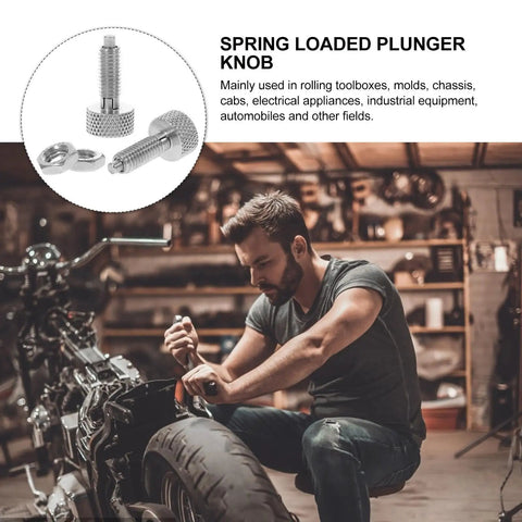Rock Solid Locking Spring Plunger With Knurled Handle Two Piece Stainless Steel Retractable Indexing Pin, shown in use on a motorcycle.