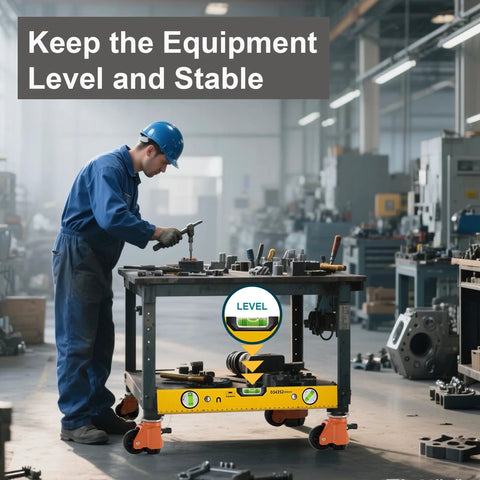 Worker using Height Adjustable Stem Leveling Casters With Ratchet Handle on mobile cart in industrial workshop