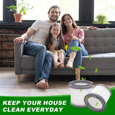 PVF110 Pivot Filter Replacement for 20V Max Hand Vacuums family sitting with filters in living room