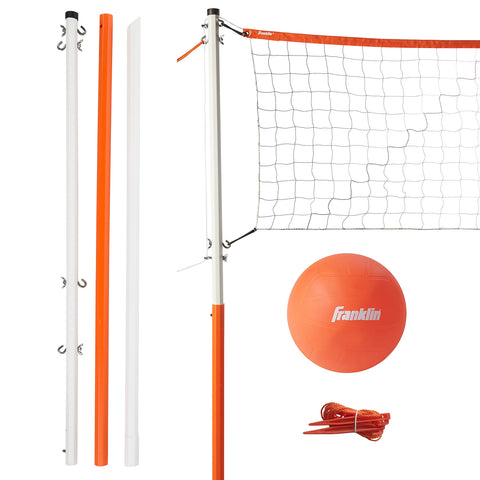 Go To Backyard Volleyball Kit For Ultimate Family Fun Easy Setup Portable Outdoor Recreation Gear With Sturdy Pvc Poles And No Fuss Design featuring poles, net, orange ball, and stakes.