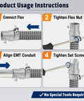 Half Inch EMT To Flex Combination Squeeze Coupling With Snap In Design For Quick Tool Free Install Connects One Half Inch EMT To Flexible Conduit With Durable Zinc Alloy Silver Finish Perfect For DIY Electrical Projects, install steps