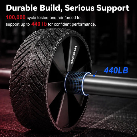 Ab Roller Wheel For Core Strengthening And Six Pack Training Built Different Home Gym Essential showing durable rubber tire and steel shaft.