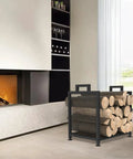 Built Tough Indoor Firewood Rack With Leather Carrier 17.32 Inch Metal Wood Storage Stand by fireplace, holding logs