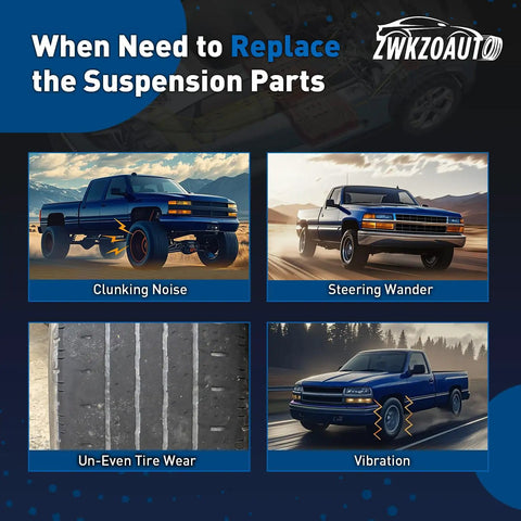 When Need to Replace the Suspension Parts: Clunking Noise, Steering Wander, Un-Even Tire Wear, Vibration symptoms shown in four images.