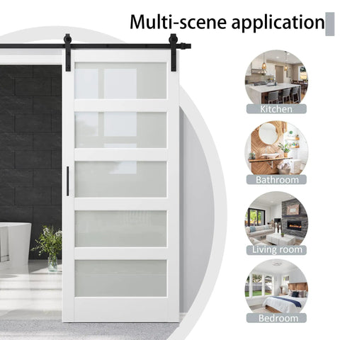 36X84 White Tempered Glass Sliding Barn Door With Complete Hardware Kit in multi-scene application for kitchen, bathroom, living room, bedroom.