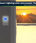 Smart Dope 7 Day Astronomic Timer Switch for lights fans and motors, wall installed with sunset setting, dawn to dusk automation.