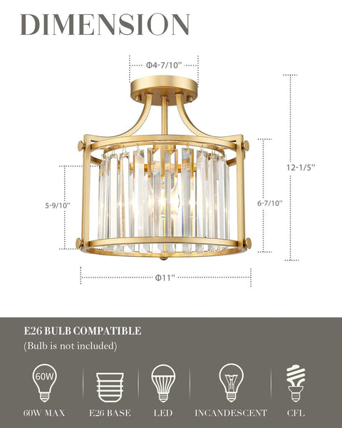 Gold Crystal Ceiling Light 2 Light Drum Flush Mount Fixture Glam Modern Chandelier dimensions diagram with details
