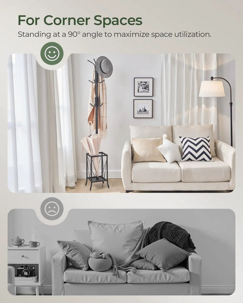 Freestanding Coat Rack With Umbrella Holder And Twelve Hooks in corner, metal hall tree near sofa, 71.6 in tall