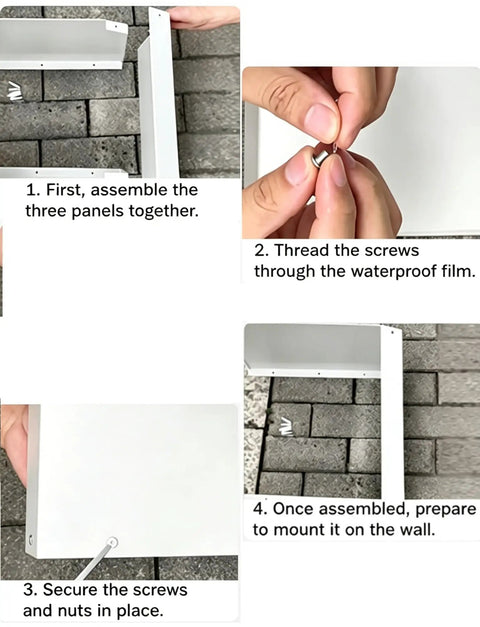 Heavy Duty Wall Mounted EV Charger Cable Holder assembly steps, showing panels and screws on a textured surface.