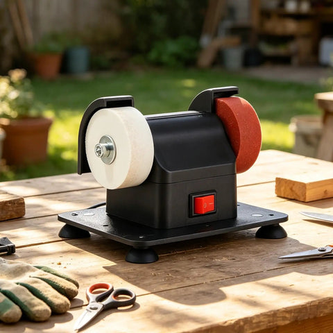 Portable Mini Bench Grinder With Dual Fine And Coarse Grinding Wheels For Woodworking Sanding Tool Edge Sharpening Burr Removal Compact Desktop Electric Grinder on wooden table.