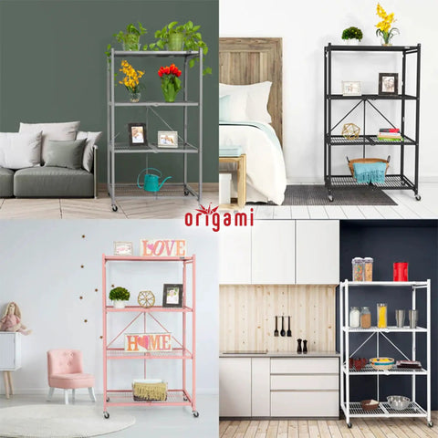 Straight Up Heavy Duty 4 Tier Foldable Steel Storage Rack In Black, showcasing various colors and uses in home settings.