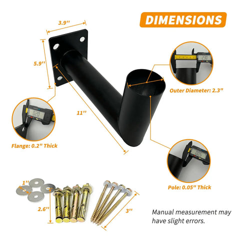 Ninety Degree Outdoor Wall Mount Bracket With Eleven Inch Extension For Heavy Duty Galvanized L Shaped Mount Kit, Two And Three Eighths Inch Tenon Adapter For Pole Lights, Zero Point Two Inch Steel Flange, Extra Clearance For Large Post Lantern Heads