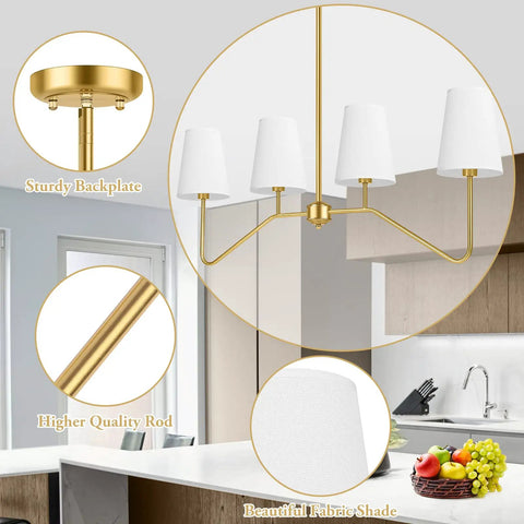 4-Light Gold Linear Chandelier Over Kitchen Island And Dining Table, Modern Pendant Lighting With White Fabric Shades, E12 Base