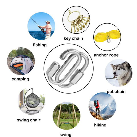 Beefy 30 Pack Quick Link Chain Five Sixteenth Inch Locking Carabiner Links uses displayed for outdoor activities