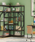 Sick Seven Tier Corner Shelving Unit For Living Room Or Office With Industrial Chic Vibe, black metal frame and wood shelves.