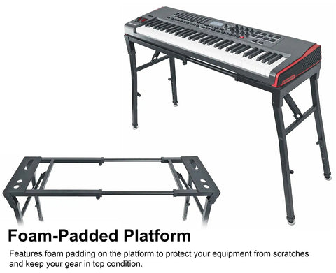 Adjustable Platform Keyboard Stand For Live Gigs And Studio Use, Steel With Foam Pads, Folded flat view and assembled with keyboard