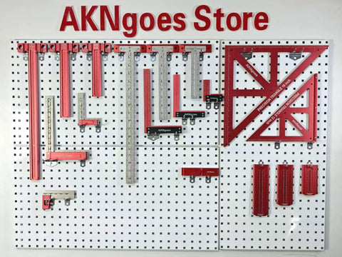 Pro Grade Woodworking Scriber T-Square Ruler 12in With Thoughtful Support Lips displayed on pegboard with carpentry tools.