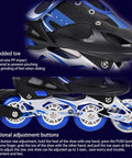 Studded toe and adjustable frame of blue inline skates with light-up wheels, emphasizing durability and fit features.