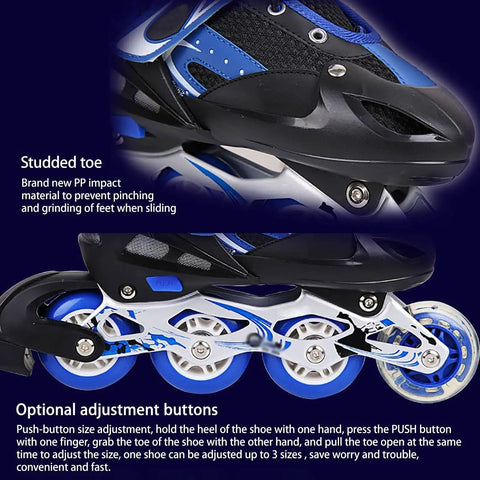 Studded toe and adjustable frame of blue inline skates with light-up wheels, emphasizing durability and fit features.