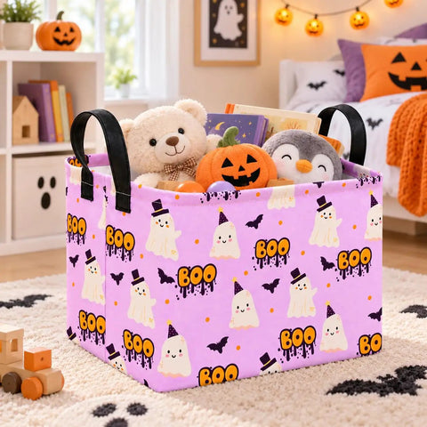 Lowkey Spooky Purple Ghost Storage Basket With Heavy Duty Cotton Linen Handles Dope Collapsible Organizer For Halloween Candy Toys Bedroom Closet Shelf Vibe Refresh filled with toys, books, and plushies.