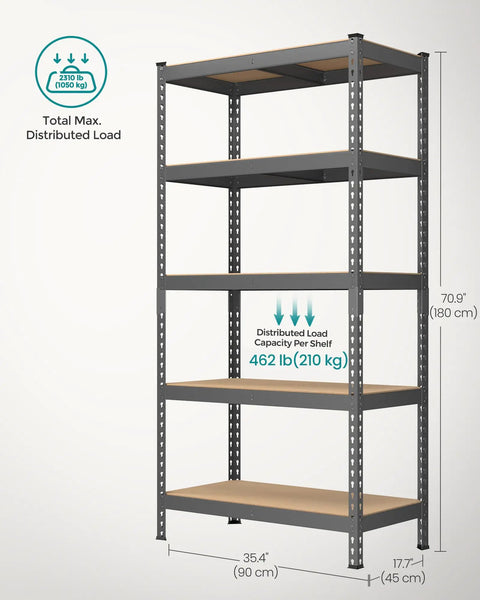 Hella Sturdy Five Tier Storage Shelves Heavy Duty Adjustable Metal Rack with dimensions and weight capacity for organization.