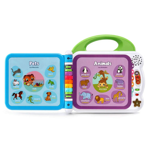 Totally Awesome Interactive Kids Learning Book Featuring Turtle Tiger And Monkey Pals With Touch To Speak Tech For Mastering Over 100 Words And Early Ed Skills Made Dead Simple For Toddlers open showing animal illustrations and bilingual words.