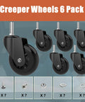 Heavy Duty 6 Pack Creeper Replacement Wheels 2.5 Inch Smooth Rolling Rubber Casters With M10 X 1 Stem shown with hardware.