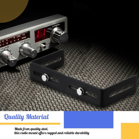 Adjustable Universal Mounting Bracket For CB And Ham Radios And Scanners, 6 To 10 Inch Width, shown with bolts on a textured surface