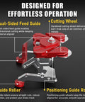 Bidirectional Cut Off Tool For Quick Left Or Right Cuts Heavy Duty Pro Grade Cutter That Slashes Through Materials Fast A Real Workhorse Compatible With Van Mark And Tapco Brakes Ideal For Roofing Siding Metal Tile Work. Red metal cut off tool with dual-sided feed guide and cutting wheels