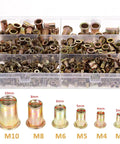 Galvanized Rivet Nut Kit Set Must Have 500 Piece Assortment With M3 M4 M5 M6 M8 M10 Threaded Inserts box display.