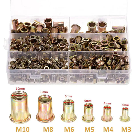 Galvanized Rivet Nut Kit Set Must Have 500 Piece Assortment With M3 M4 M5 M6 M8 M10 Threaded Inserts box display.