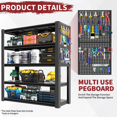 Beast Mode Heavy Duty 5 Tier Garage Shelving, 2000 Lbs Rock Solid Metal Storage Rack With Two Pegboards, Adjustable Utility Shelves For Shop And Warehouse, Black Frame with tools organized on shelves.