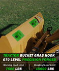 Tractor bucket with mounted 2 Pack 3 By 8 Inch Tractor Bucket Grab Hooks Grade 70 Forged Steel Bolt On Grab Hooks, green.