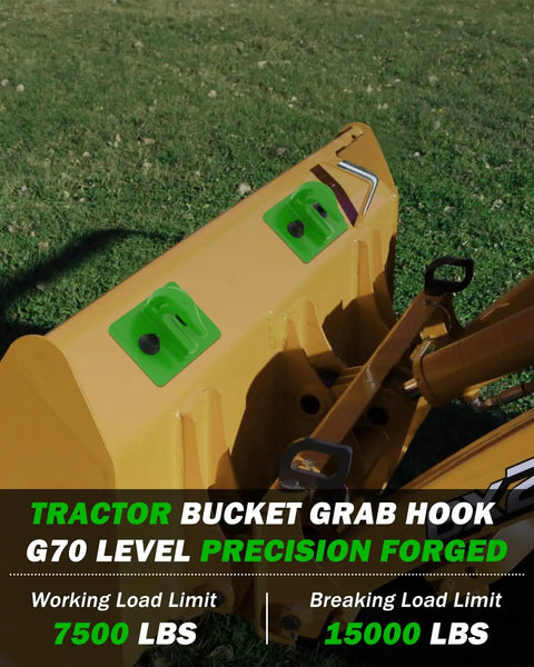 Tractor bucket with mounted 2 Pack 3 By 8 Inch Tractor Bucket Grab Hooks Grade 70 Forged Steel Bolt On Grab Hooks, green.