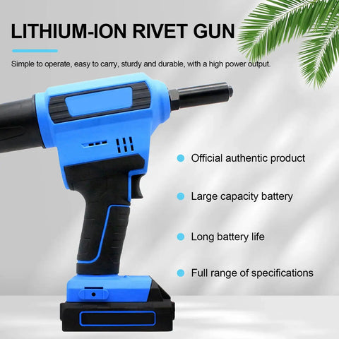Top Shelf Brushless Electric Rivet Gun Rechargeable Lithium Ion Automatic Riveter, blue cordless tool with large capacity battery.