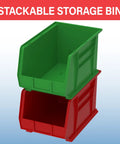 Heavy Duty Stackable Plastic Storage Bins For Garage Pantry And Craft Rooms Space Saving Organizer, green and red bins stacked