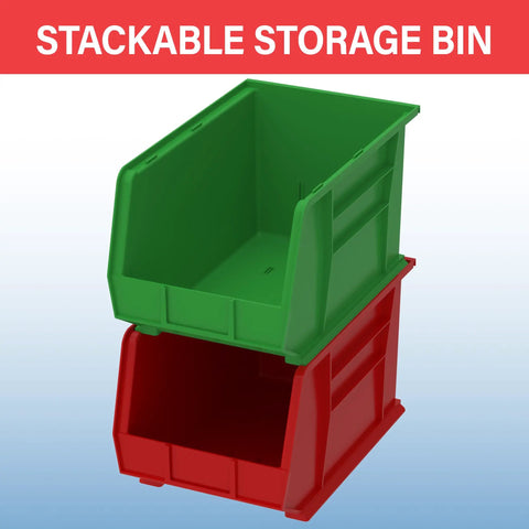 Heavy Duty Stackable Plastic Storage Bins For Garage Pantry And Craft Rooms Space Saving Organizer, green and red bins stacked